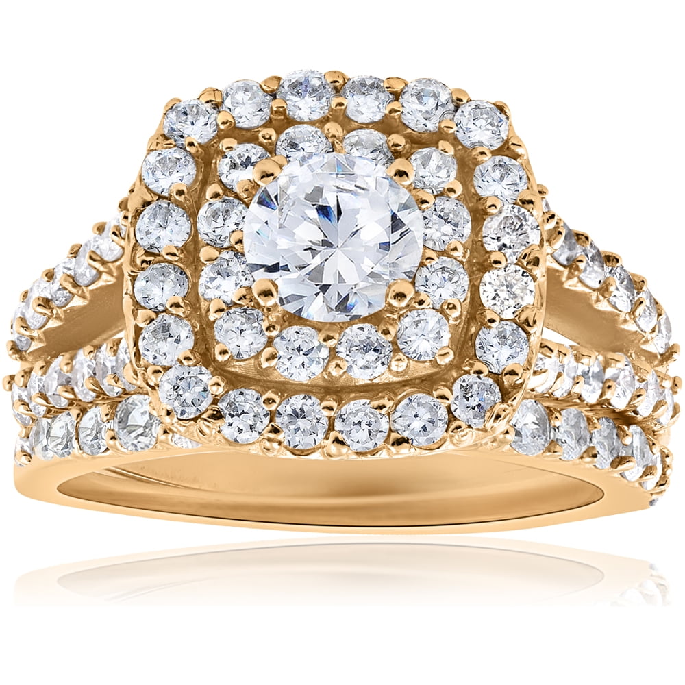 2ct Diamond Engagement Double Cushion Halo Wedding Ring Set 10k Yellow Gold by Pompeii3
