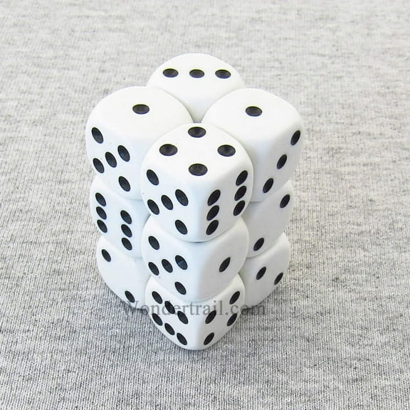 White Opaque Dice with Black Pips D6 16mm (5/8in) Pack of 12 Koplow Games