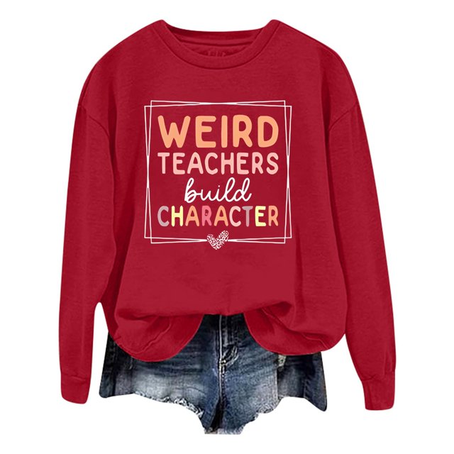 WEAIXIMIUNG Sweatshirts for Women Trendy Fall Ladies Fashion Leisure Pure Color Loose Long Sleeved Printed Letters Round Collar
