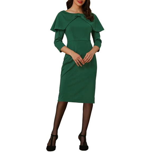 INSPIRE CHIC Women's 3/4 Sleeve Midi Dress High Waist Bow Tie Neck Invisible Zipper Evening Gowns Dress Green S