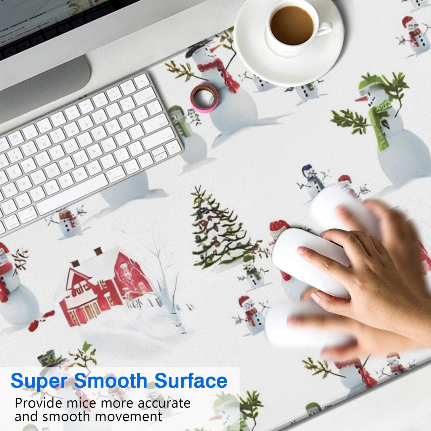 Long Mouse Pads for Desk,White Christmas Snowman Pattern Desk Mats on Top Of Desks, Desk Mouse Pad Extra Large with 3mm Non-Slip Base and Stitched Edge for Gaming,Office,Work,Home 47.3x23.6in