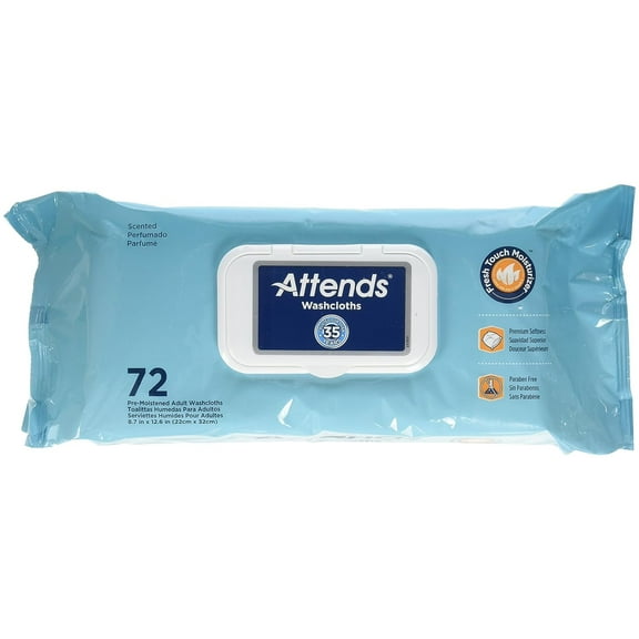 Attends Washcloths No-Rinse Disposable Cleansing Wipes for Incontinence, 7.8"x11.8", Hypoallergenic Alcohol-Free with Aloe, Scented, 72ct