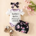 thumbnail image 2 of Baby Girl Clothes Toddler Baby Girls Clothes Outfits 3 Piece Cute Summer Short Sleeve Ruffle Ribbed Romper Letter Tops Floral Shorts Set + Headband, 2 of 4
