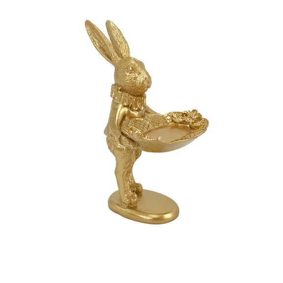 Golden Rabbit Trinket Dish Vintage Easter Bunny Figurine Jewelry Tray for Vanity, Desk & Nightstand, Resin Decorative Catch-All Bowl (A)