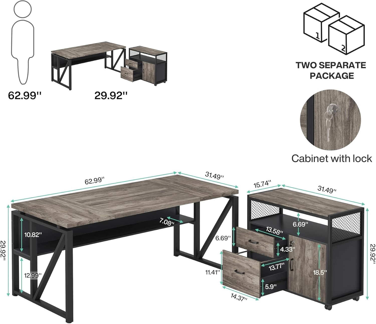 Tribesigns 63" L Shaped Executive Desk with Lateral File Cabinet, Doors with Locks, Desk with Shelf (Gray and Black)