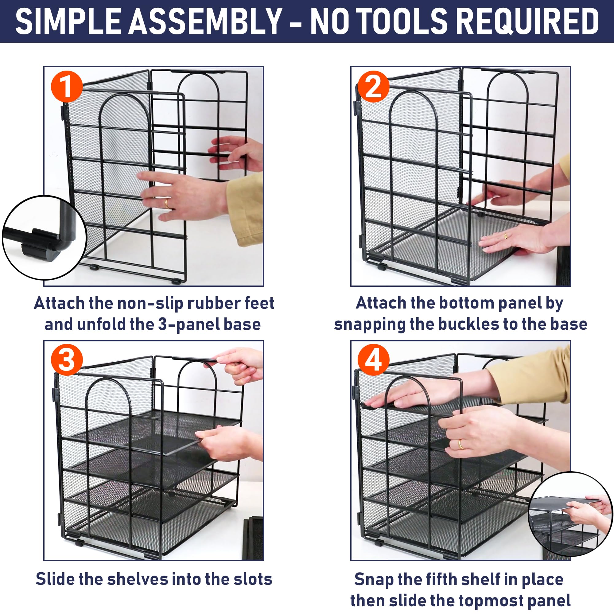 Desk Organizer Tray, Letter Tray in Black Metal Mesh for Organizing Files, Papers, Bills, Folders, Letters, and Binders. Desktop Paper Rack for Home, Office, or School (5 Tier - New)