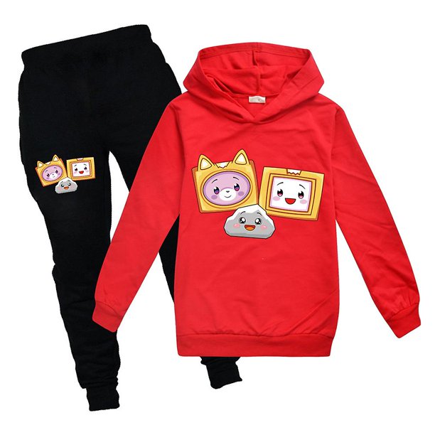 Niños Niños Niños Niñas Lankybox Imprimir Sudadera con capucha de manga larga + Pantalones Trajes casuales Conjunto de chándal
