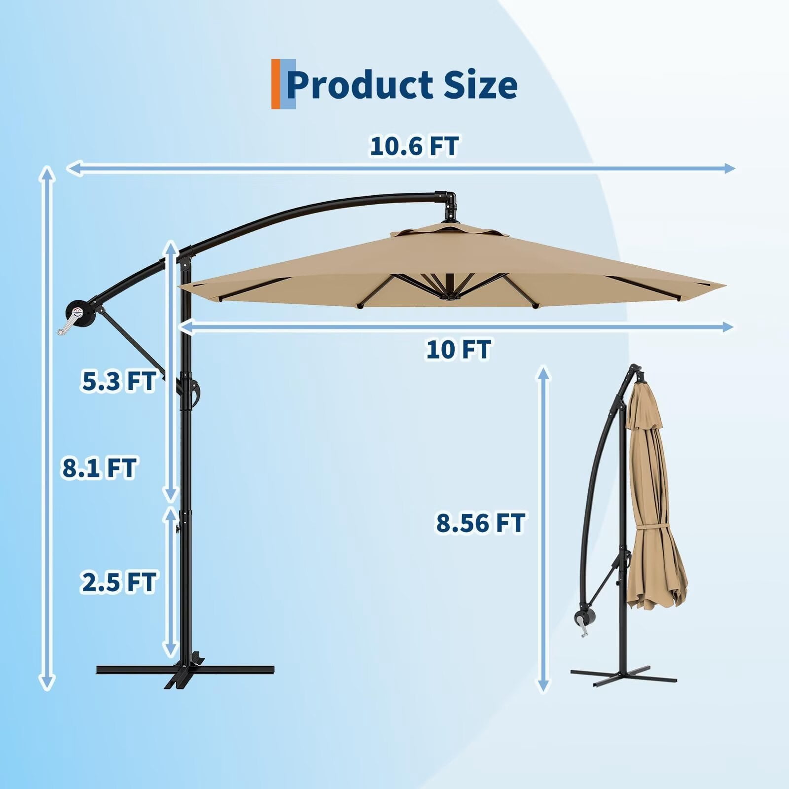HELLONE 10FT Cantilever Umbrella outdoor patio, Offset Patio Umbrella with Easy Lift & Tilt Adjustment, UV Protection Fade Resistant for Deck, Pool, Garden, Tan