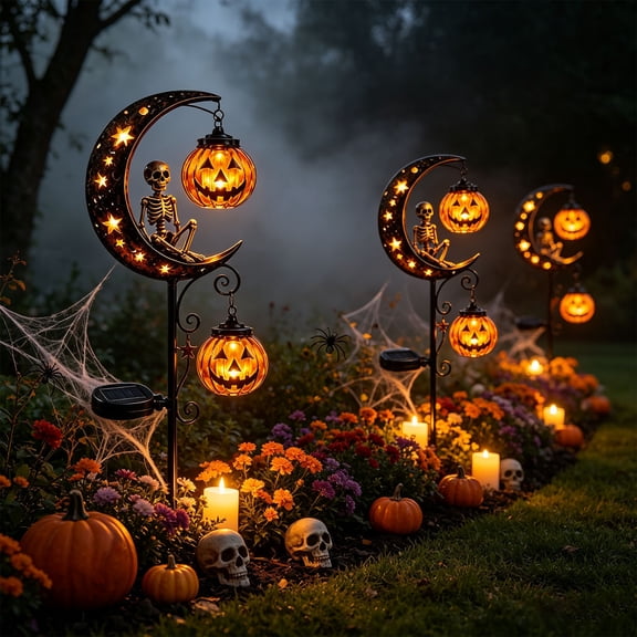 Skeleton & Pumpkin Moon Garden Stake Light, Outdoor Waterproof LED Yard Decoration, with Crescent Hanging Lanterns, for Garden Patio Solar Halloween