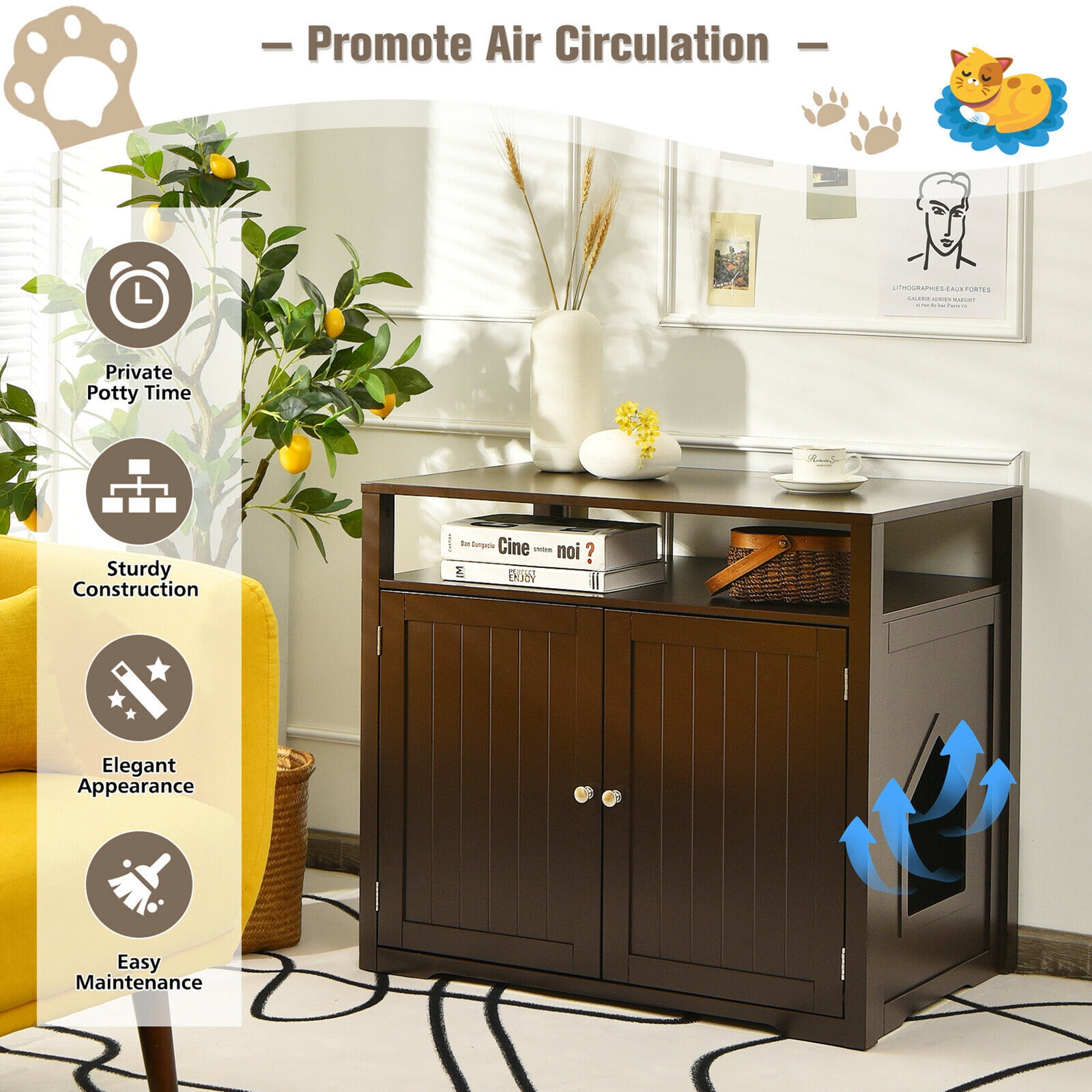 Gymax Brown Wooden Cat Litter Box Enclosure with Storage Layer