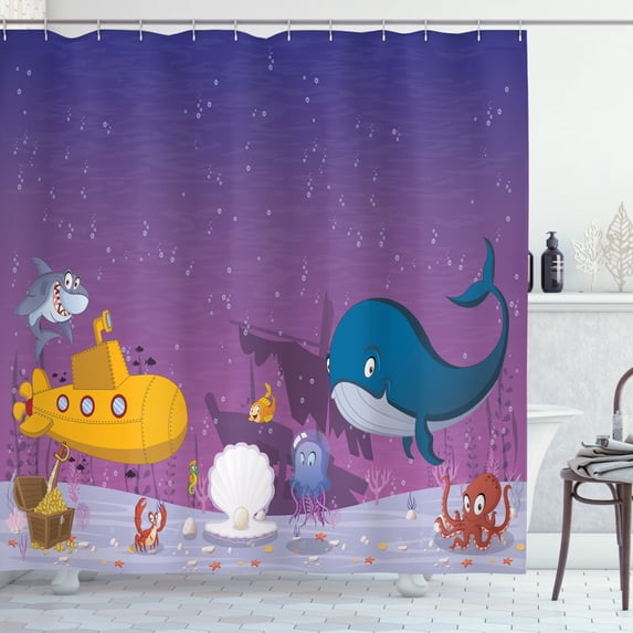 Deep Sea Shower Curtain, Composition of Underwater World with Corals Fish and Ocean Creatures, Fabric Bathroom Set with Hooks, 69W X 70L Inches, Dark Indigo Multicolor, by Ambesonne