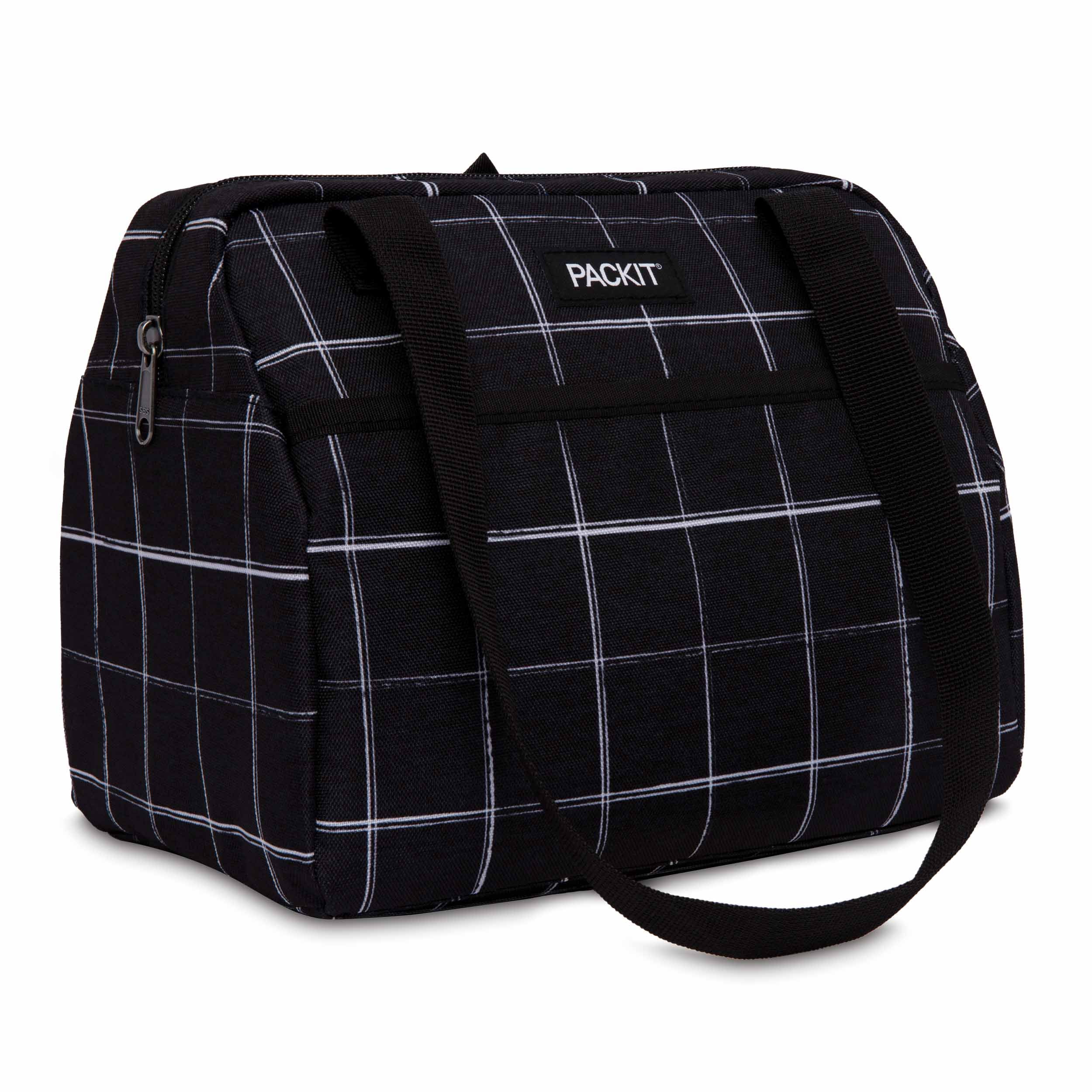 PackIt Freezable Hampton Lunch Bag, Black Grid, built with Shoulder Straps and Zipper Closure
