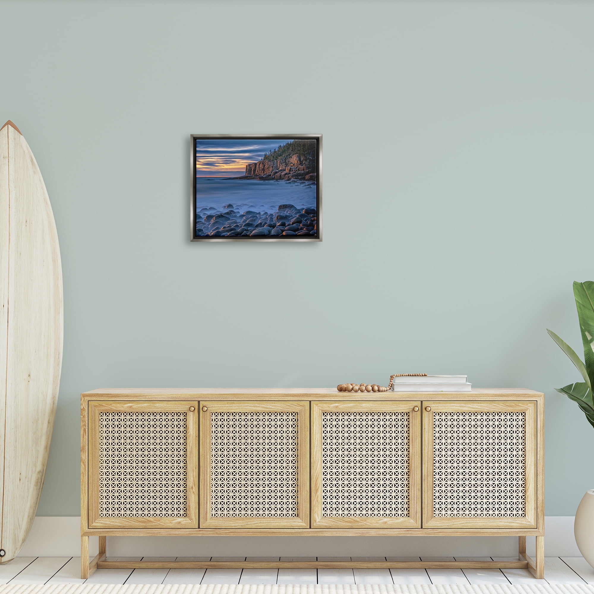Stupell Foggy Seaside Rocks at Sunset Landscape Photography Gray Floater Framed Art Print Wall Art