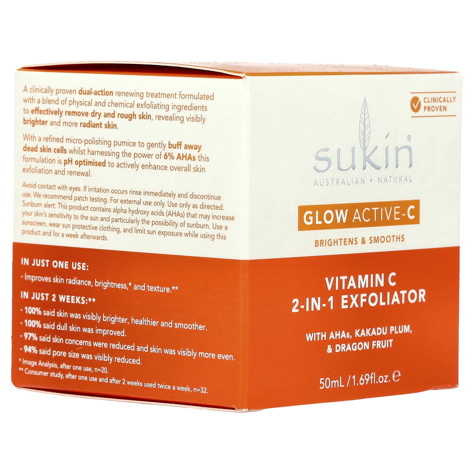 Sukin Glow Active-C, Vitamin C 2-In-1 Exfoliator, 1.69 fl oz (50 ml)