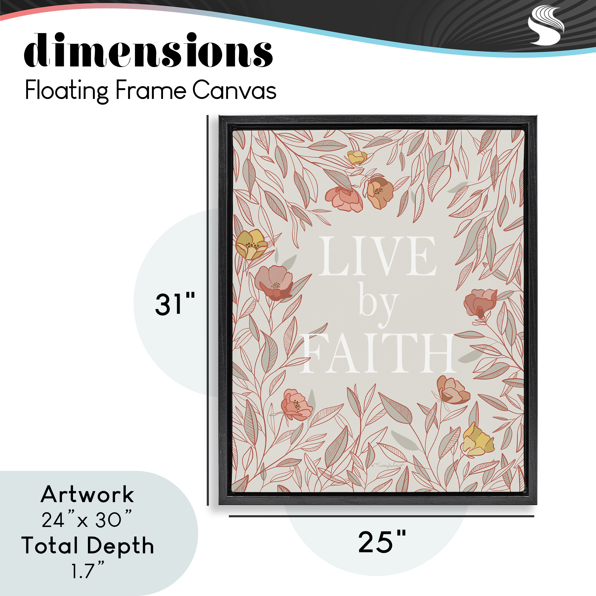 Live By Faith Rosy Florals Black Framed Floater Canvas Wall Art, design by Kelley Talent