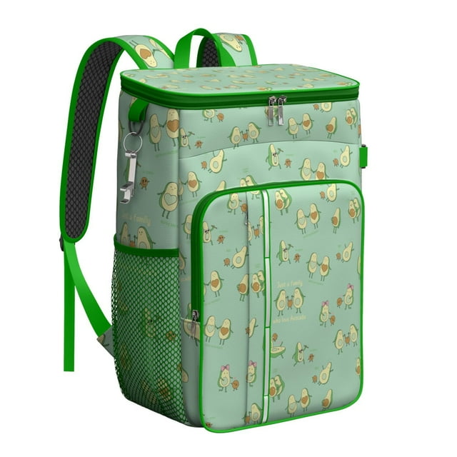 Cute Avocado and Fruit Pattern Cooler Backpack, Leakproof Lunch Bag with Kawaii Design for Summer, Work, and Road Trips