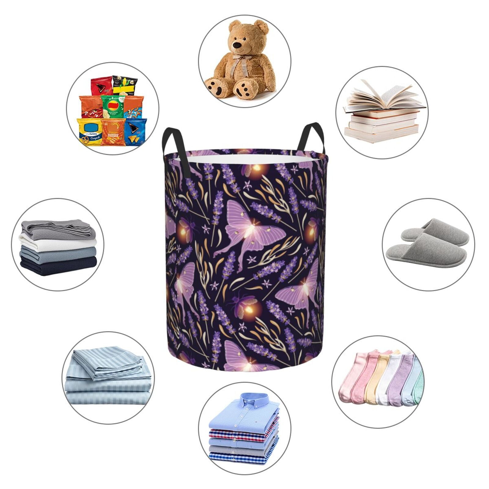 Large Laundry Basket with Handles - Lavender Flowers Glowing Butterfly Kids Baby Dirty Clothes Laundry Hamper for Bedroom Aesthetic