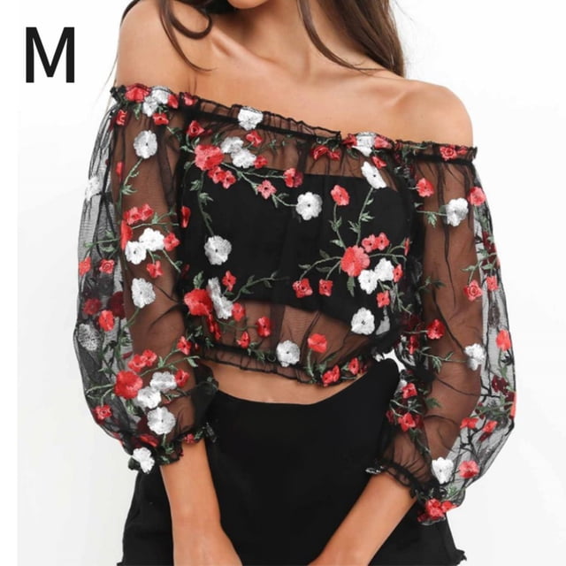 Blusa elástica con hombros descubiertos y estampado floral de malla con top corto bordado para mujer, M Eigraketly AP000886-02