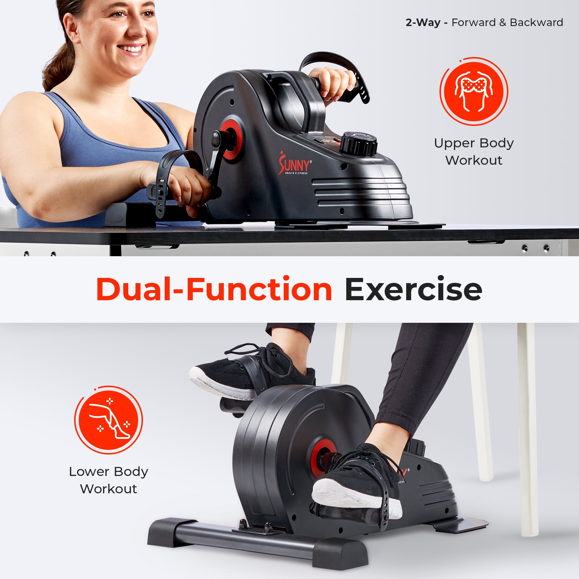 Sunny Health & Fitness Dual-Function Arm / Leg Under-Desk Mini Bike, Portable Cardio Peddler for Home Office, Cycle Exerciser for Seniors, w Connected SunnyFit® App Free Membership – SF-B0891SMART