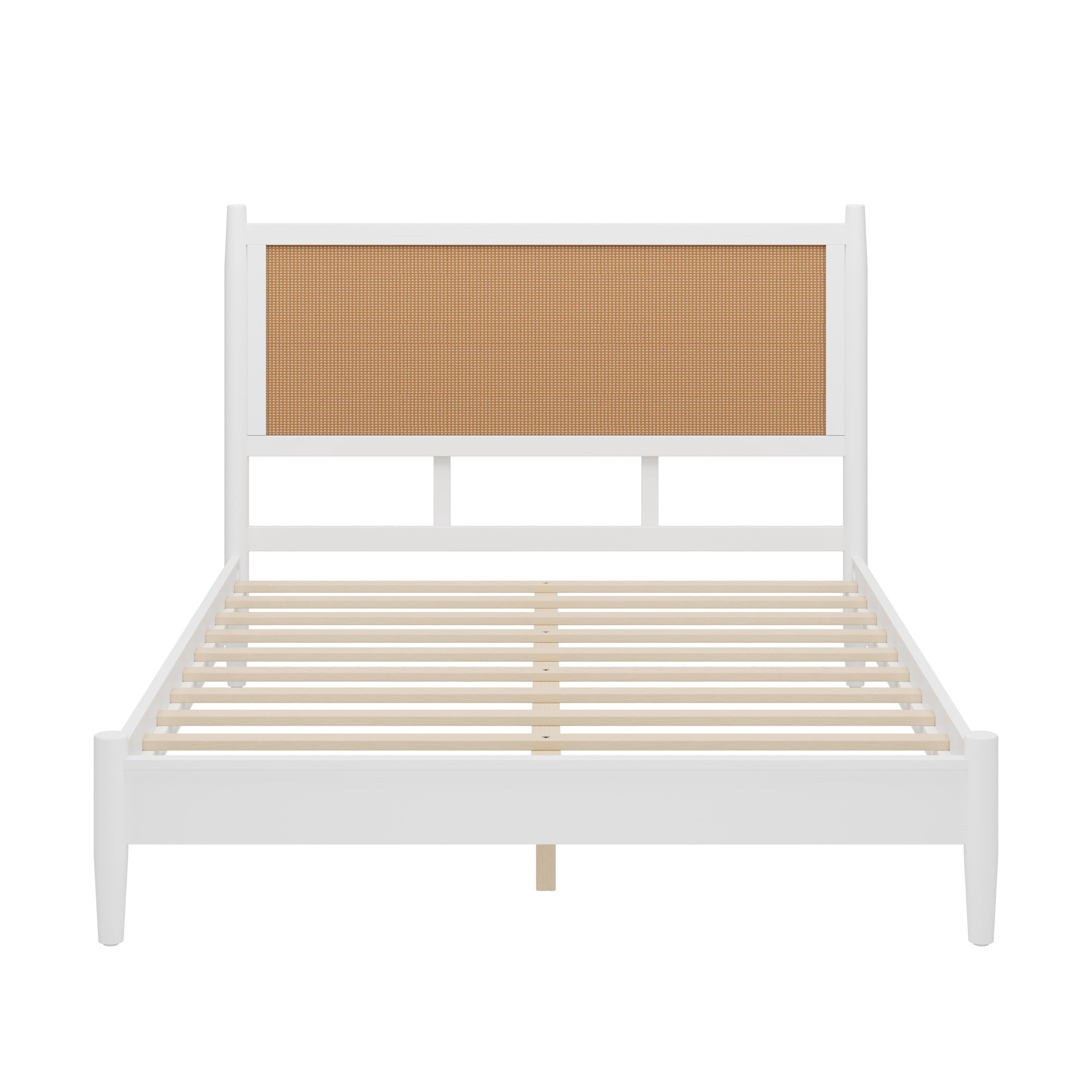 Christopher Knight Home Boho Queen Platform Bed Frame with Rattan Headboard, Wood Slat Support, White