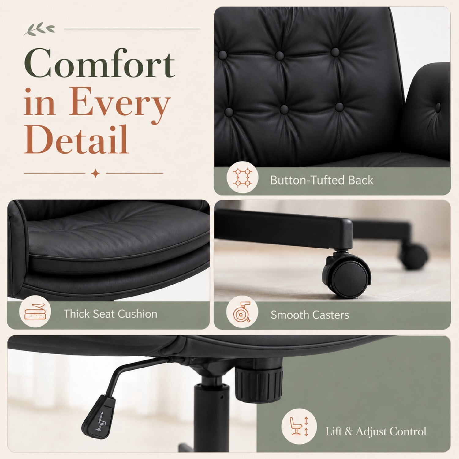 Easy4Home Criss Cross Office Chair with Wheels and Adjustable Armrests, Wide Seat PU Leather Swivel Computer Desk Chair, Black
