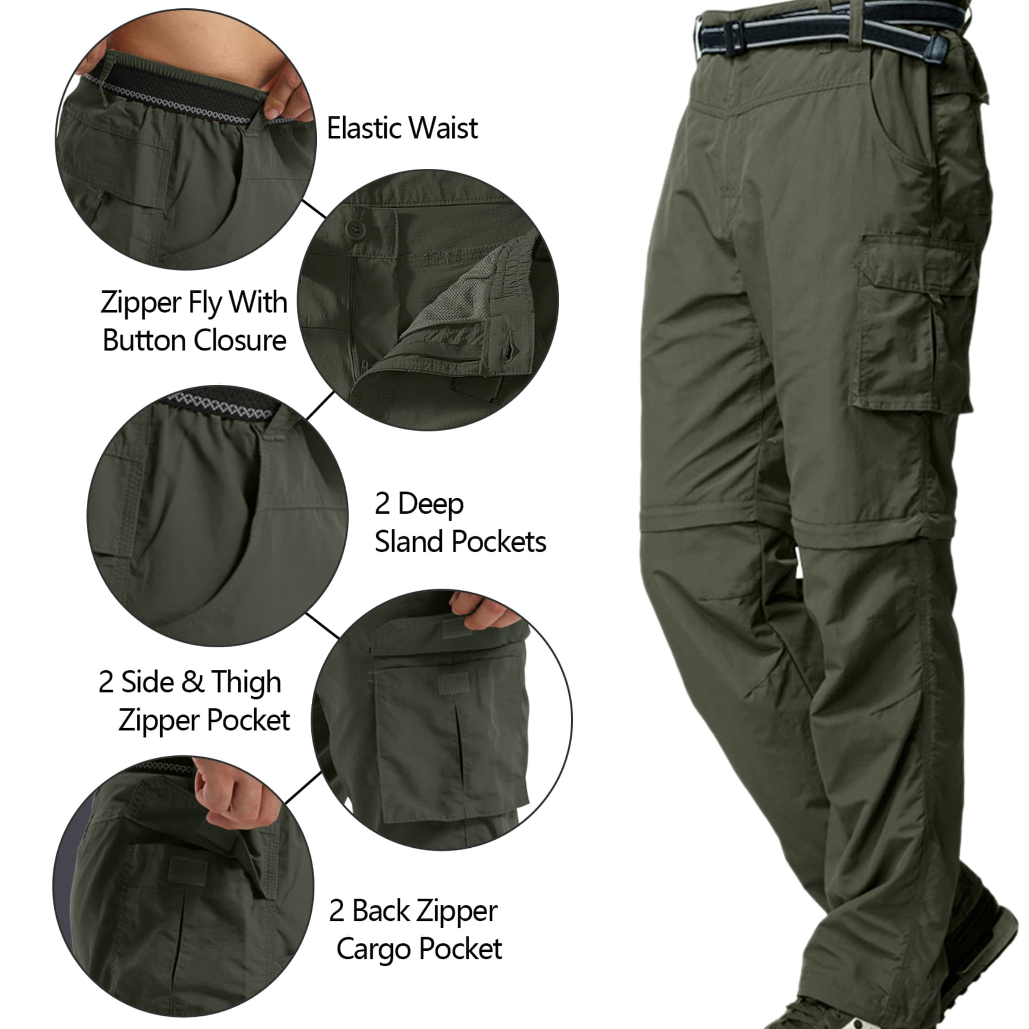 FEN AI Mens Hiking Pants Convertible Quick Dry Lightweight Zip Off Outdoor Fishing Travel Safari Cargo Pants Casual Trousers