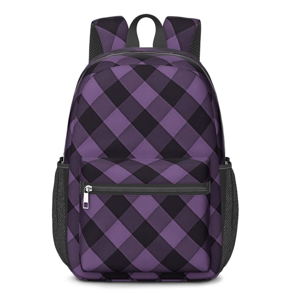 Purple and Black Checkered Pattern 17" School Backpacks for Teens,Waterproof Oxford Fabric,S-Shape Padded Straps for School,Travel,Hiking,Camping