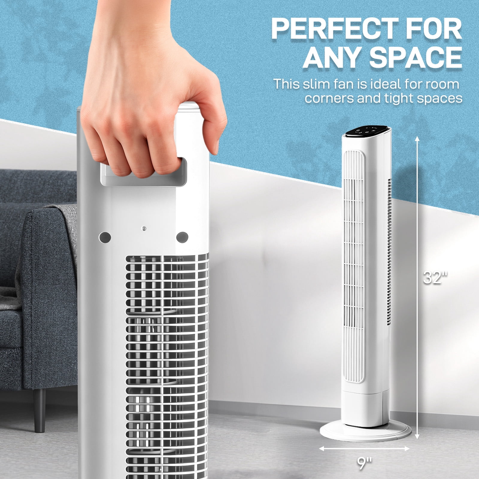 Tower Fan, 110V 45W, 36 Inch, Column Shape, White Plastic Body, Copper Motor, Touch & Remote Control, 3 Speeds, 3 Modes, Oscillating Function, 9-Hour Timer