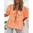 thumbnail image 2 of AIGUR Women's Striped Babydoll Tops Polyester Loose Doll Collar Short Sleeve Open Front Tie-Up Ruffle Shirt for Summer, 2 of 5