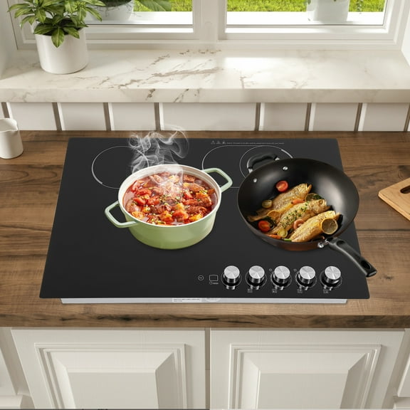Electric Ceramic Cooktop 4 Burners, Infrared Heating with Adjustable Knob Control, Safety Features, LED Display, Black – Countertop & Embedded, 110V