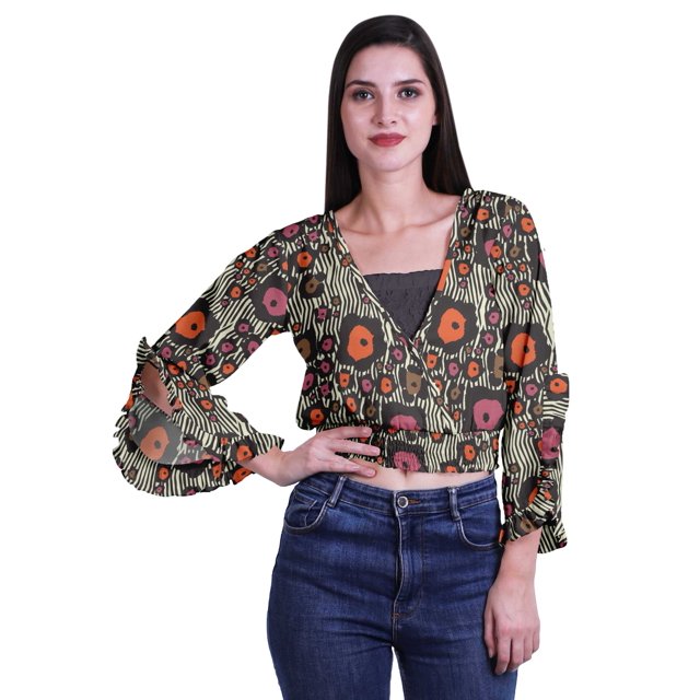 Moomaya Printed Womens Crop Top Wrap Style Top Wear Ruffle Long Sleeve Casual Summer Blouse