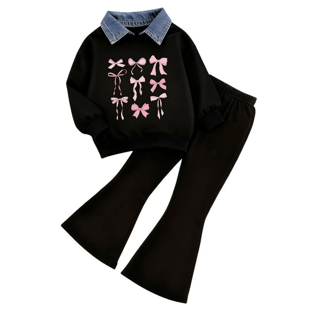 Caqnni Girl Relaxed Fit Two-Piece Set Featuring a Classic Polo Lightweight Pullover Sweatshirt and Trendy Flare Pants for Spring and Fall(Pink,3-4 Years)