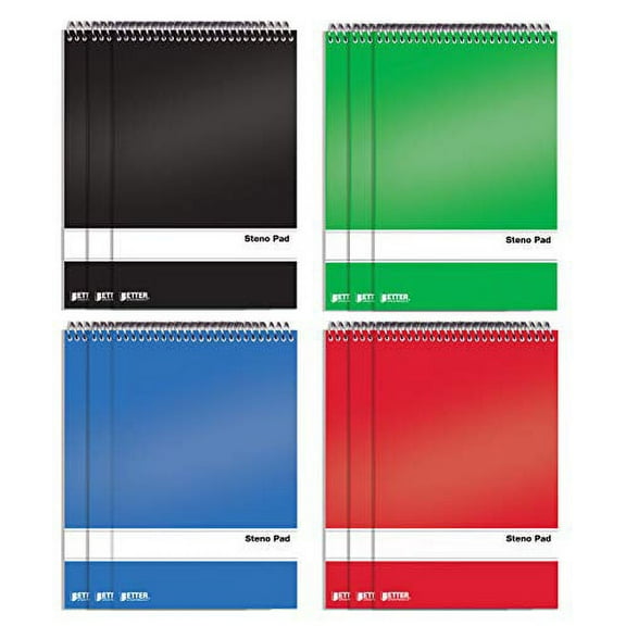 Spiral Steno Pads, 12 Pack, 6 x 9 inches, 80 Sheets, White Paper, Gregg Rule, by Better Office Products, Assorted Solid Colors (Red, Black, Blue, Green), 12 Pack