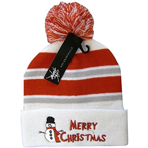 Christmas Snowman Cuffed Knit Winter Toboggan Hat Pom Beanie (White)