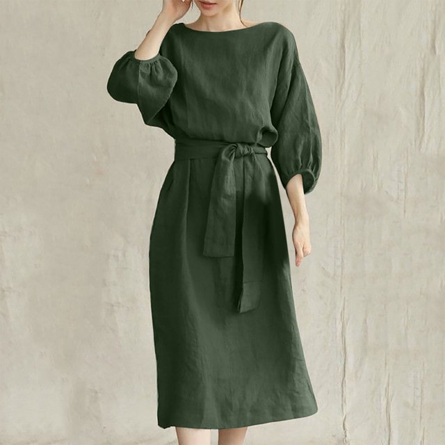 EGNMCR Robe Femme en Coton et Lin Col Rond Couleur Unie Manches Mi-Longues Ample Confortable Douce Robes Ceinture Corset Grande Taille Tendance Élégante Décontractée Robes Midi