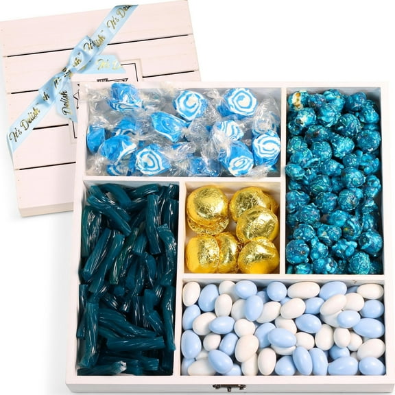 Gourmet Blue Candy Gift Tray - by It's Delish  Wood Gift Basket, in Reusable Wooden Crate with Lid  Gift Box of Holiday Treats and Candies for Baby Boy Showers, Hanukkah Gifts and Birthday Parties
