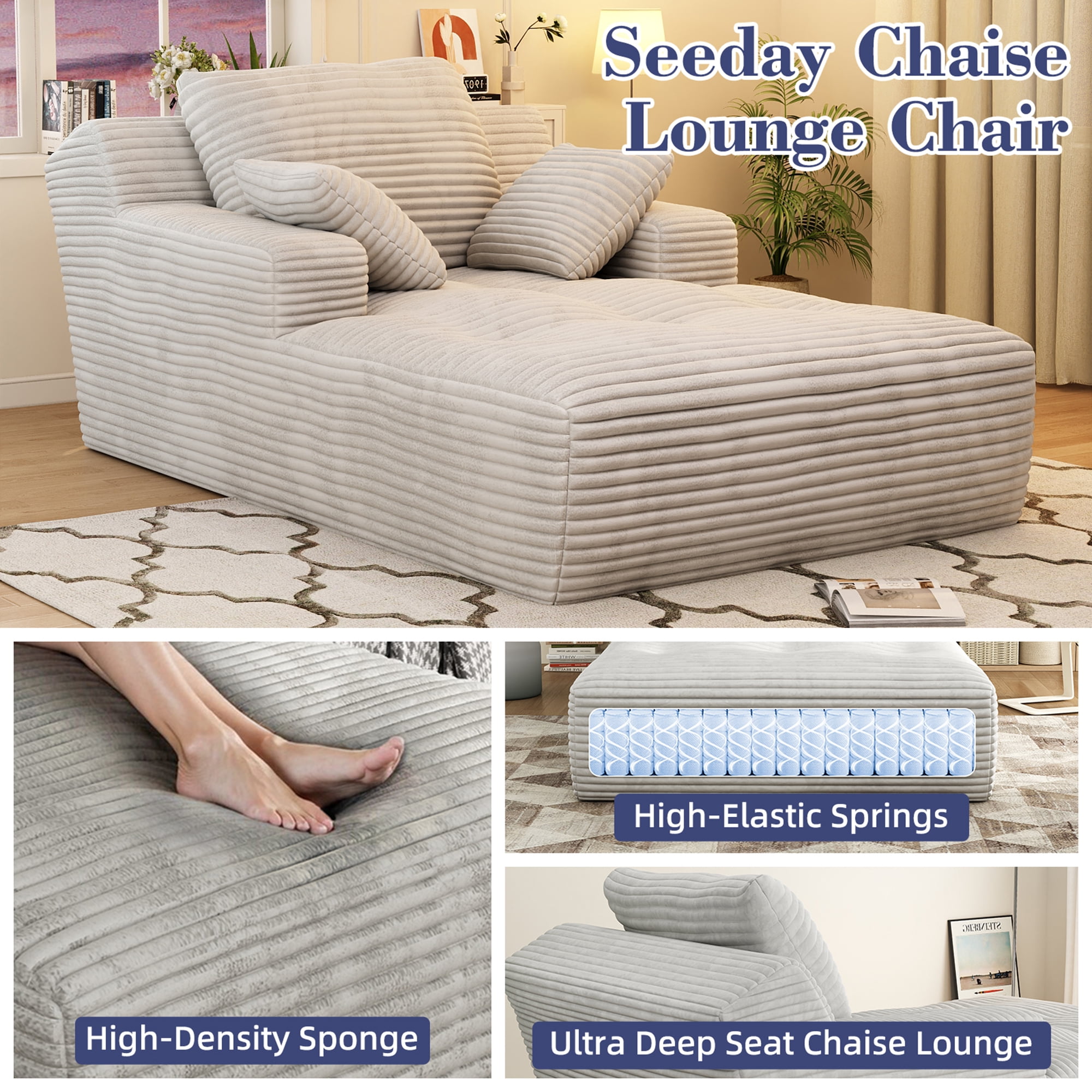 67'' Oversized Chaise Lounge Chair Indoor, Cloud Plush Corduroy Upholstered Sofa Bed, Modern Deep Seat Sofa with Back Cushion, Pillows, Cozy Sleeper Couch for Living Room, No Assembly Required, White