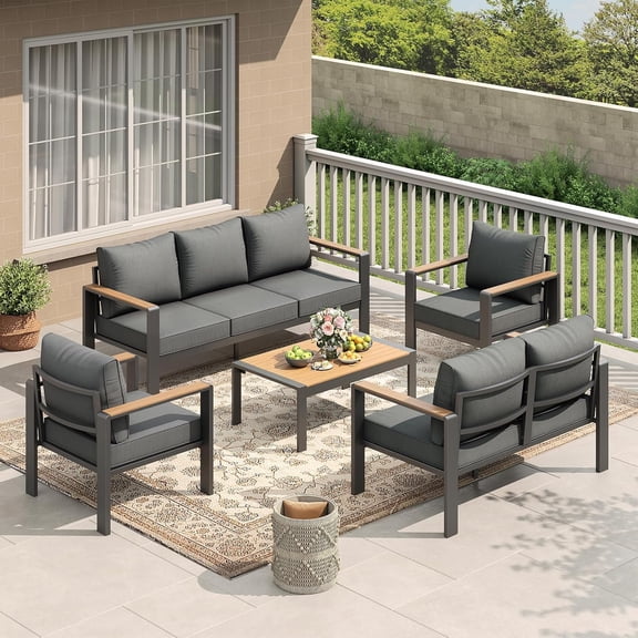7 Seats Aluminum Patio Furniture Set, 5 Pieces Outdoor Sectional Sofa Conversation Set Sectional Sofa with 4 in Armrest & 5 in Thick Cushions & Coffee Table