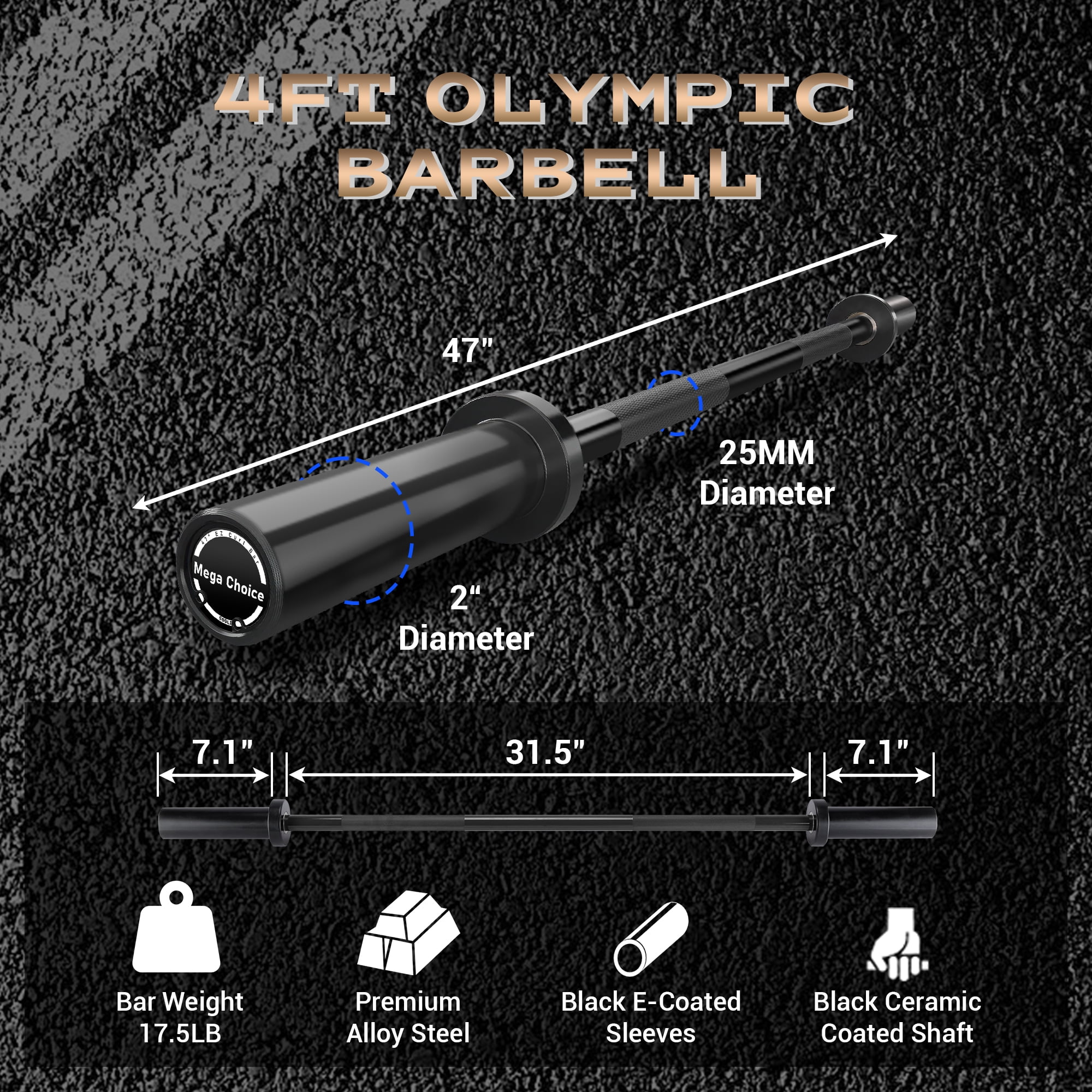 TEQIN Powerlifting Barbell 4ft/500lb Capacity,2 Inch Weight Bar For Strength Training, Weightlifting, Squat, Deadlift, Bench Press, Curl, Overhead Press