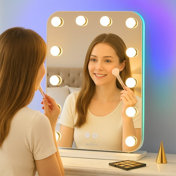 Hollywood Vanity Mirror with 12 LED Lights, Dimmable Brightness, 3 Color Modes, RGB Backlight, Ultra-HD Glass, Tabletop Makeup Mirror with Touch Control & Memory Function
