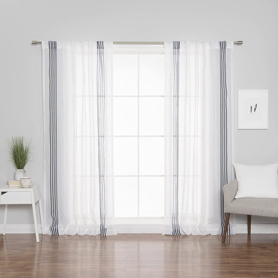 Quality Home Sheer Faux Linen Stripe Curtains - Rod Pocket - Ivory/Navy - 52" W x 84" L (Set of 2 Panels)