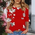 thumbnail image 4 of HOMBOM Women Tops Half Sleeve Crew Neck Red Pullover 2025 Ruffle Sleeve Floral Front Pleated Blouse, 4 of 7