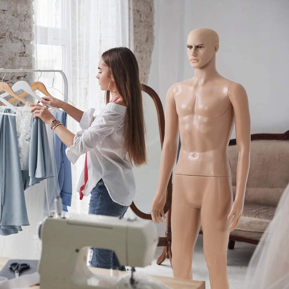 Male Sewing Mannequin Polyethylene (PE) Full Body Retail 73 inches Mannequin Material Mannequin Torso Detachable Stand Head Arm Rotation Metal Base for Display Clothing