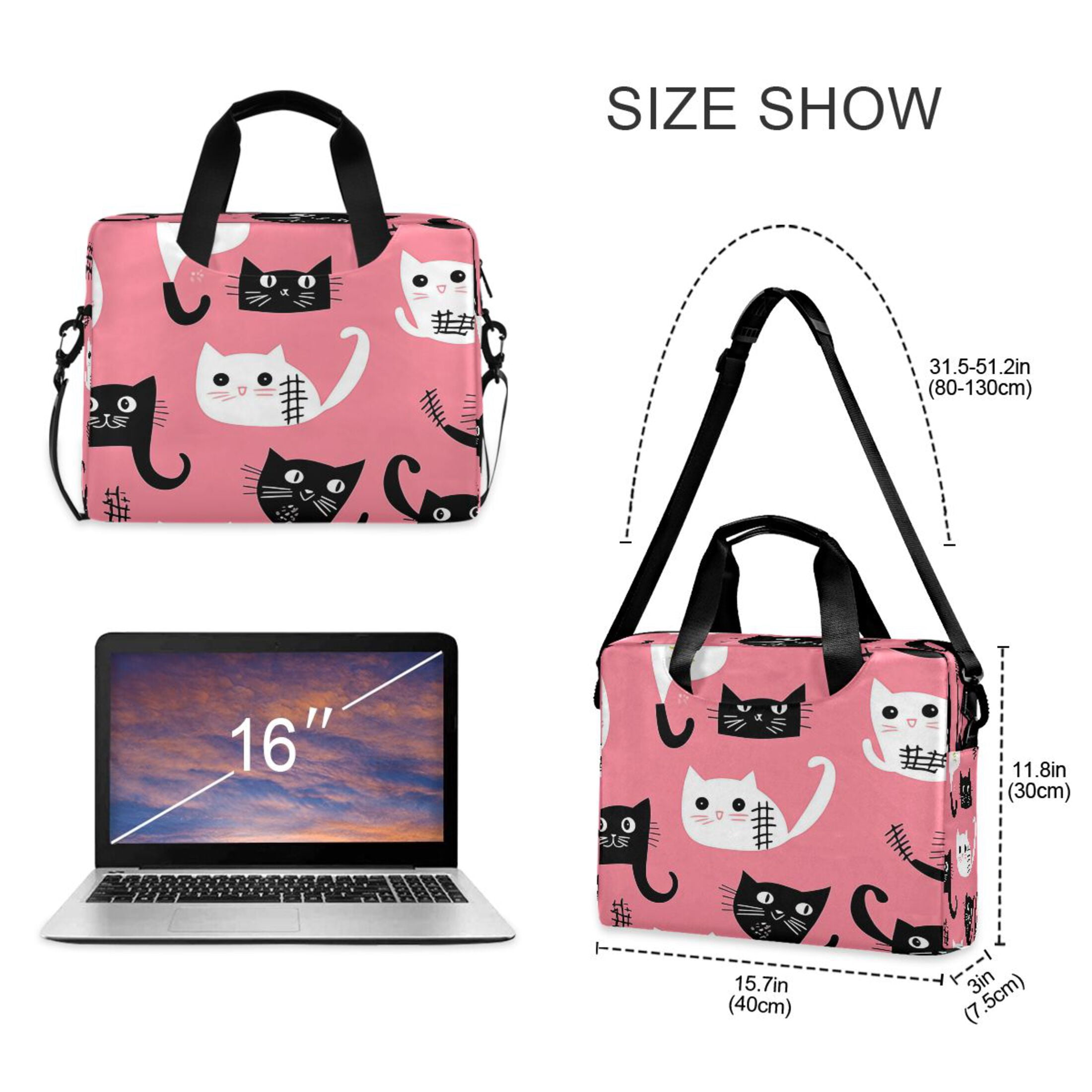 16" Laptop Tote Bag Laptop Sleeve Case Computer Briefcase for Work & Travel Black and White Cats