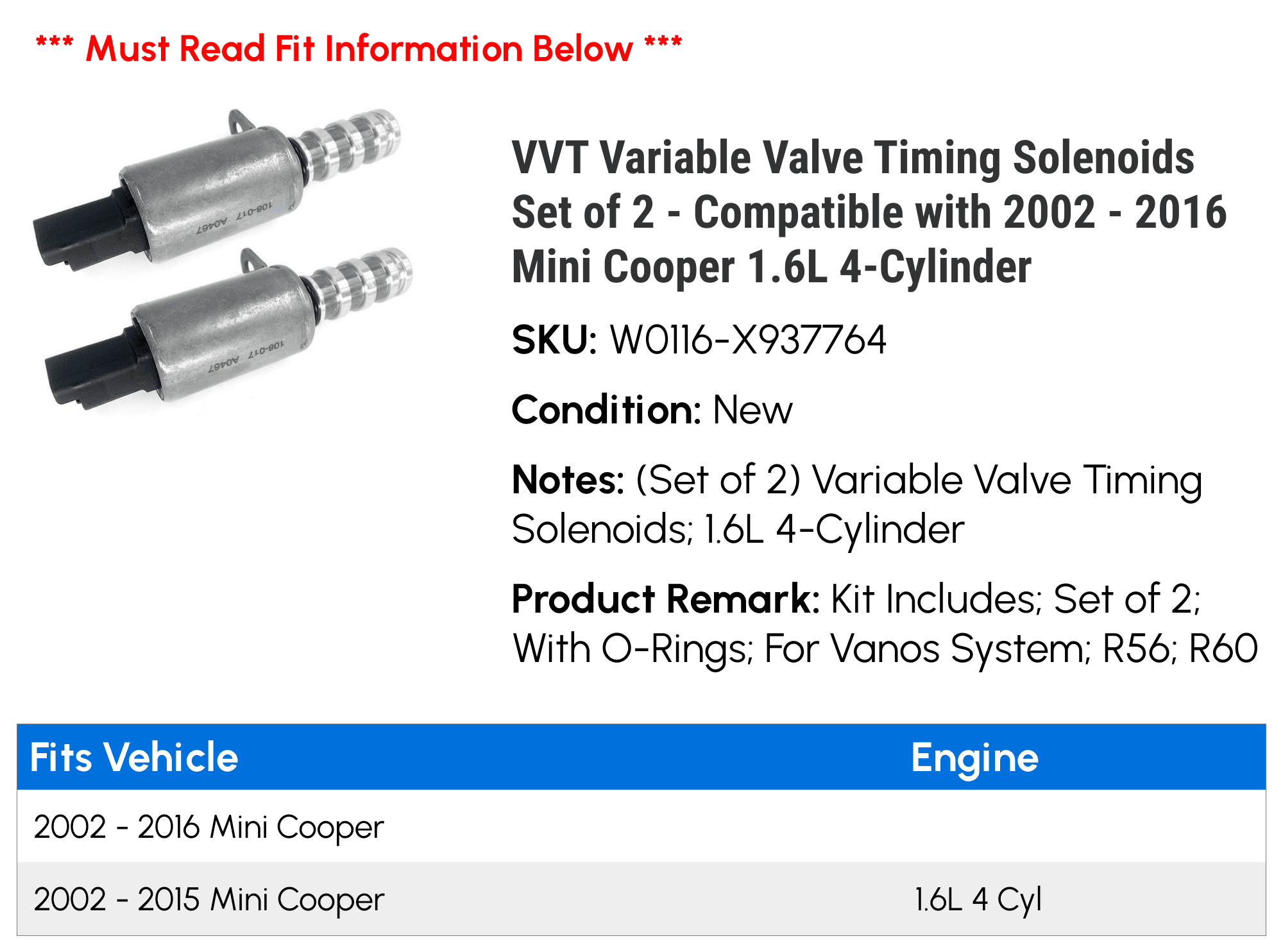 VVT Variable Valve Timing Solenoids Set of 2 - Compatible with 2002 - 2016 Mini Cooper 1.6L 4-Cylinder 2003 2004 2005 2006 2007 2008 2009 2010 2011 2012 2013 2014 2015