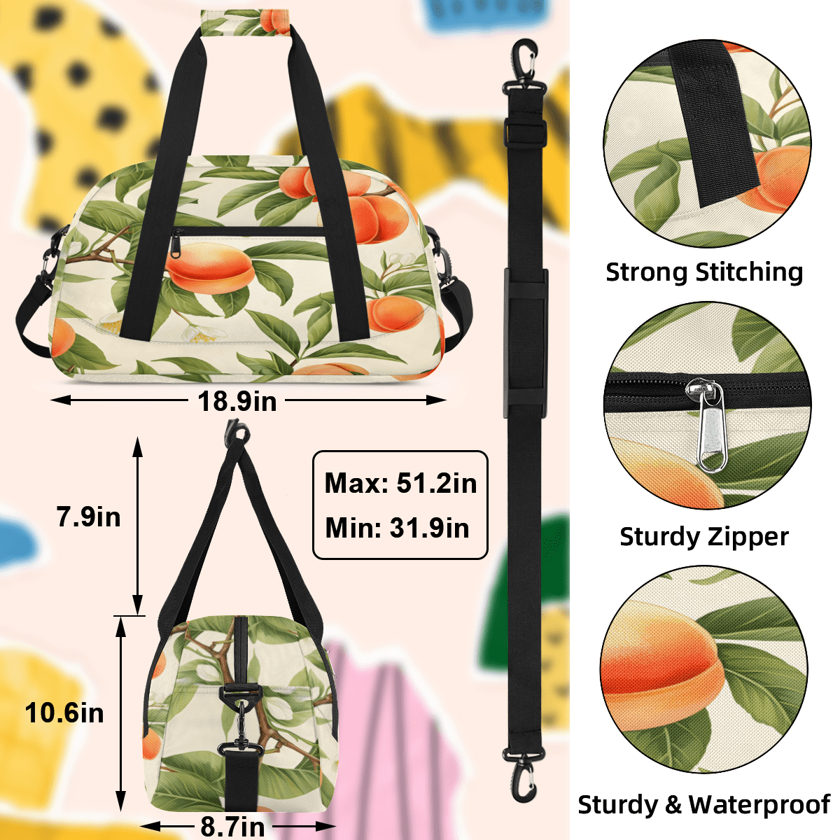 Herdesigns Peach Sports Duffle Bag for Women & Men, Fruit Peach Gym Bag Dance Bag Overnight Bag Carry On Weekender Travel Bag