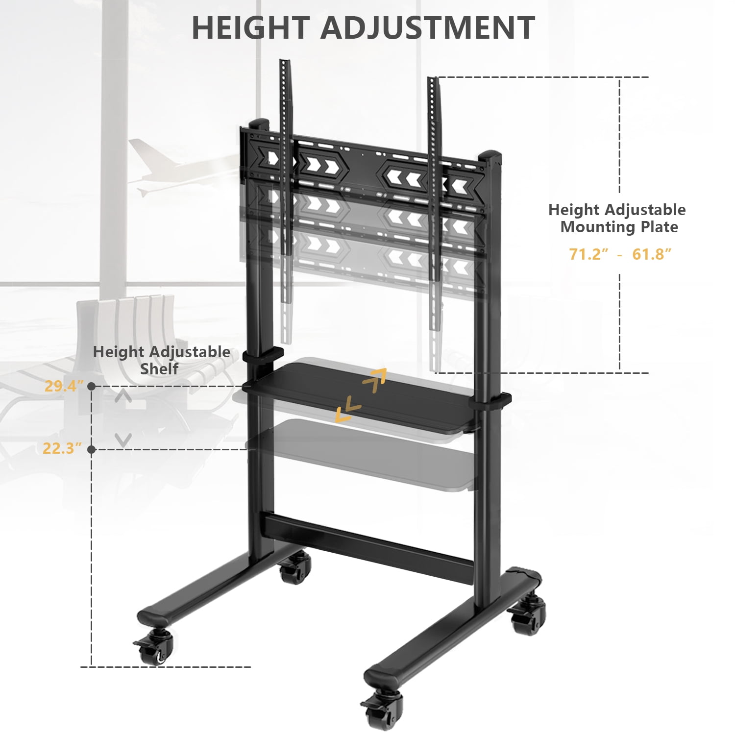 Black Mobile TV Stand Rolling TV Cart for 55 to 90 inch Flat Screen TVs，Holds Up to 200lbs