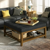 Large Square Ottoman Coffee Table, Linen Solid Upholstered Footrest Ottoman with Solid Wood Shelf Storage Tufted Coffee Table for Bedroom Living Room, Dark Gray