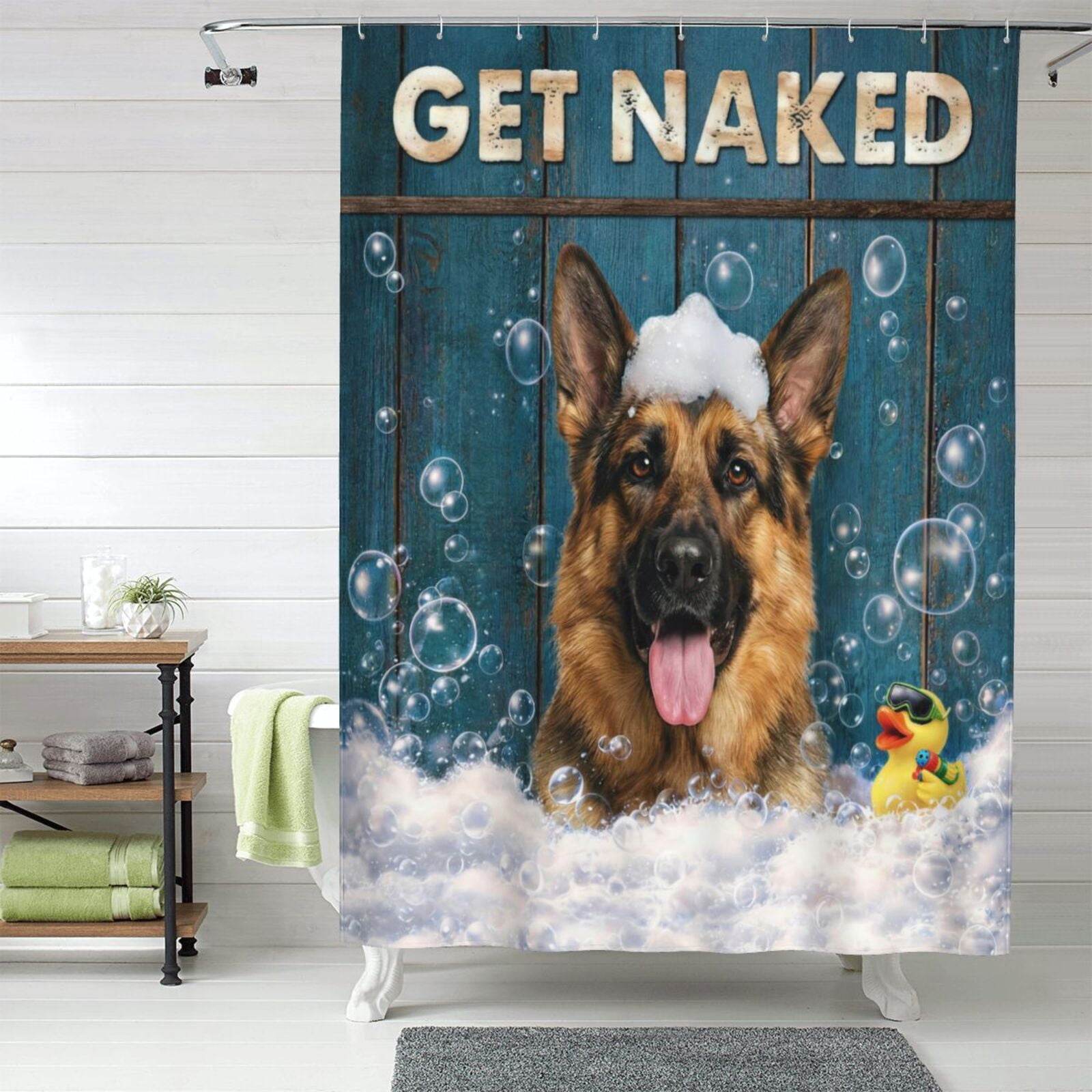 German Shepherd Shower Curtain - Funny Dog Bath Curtain with Bubbles & Rubber Duck, Waterproof Polyester Fabric, Unique Bathroom Decor for Pet Lovers - 60"x72"