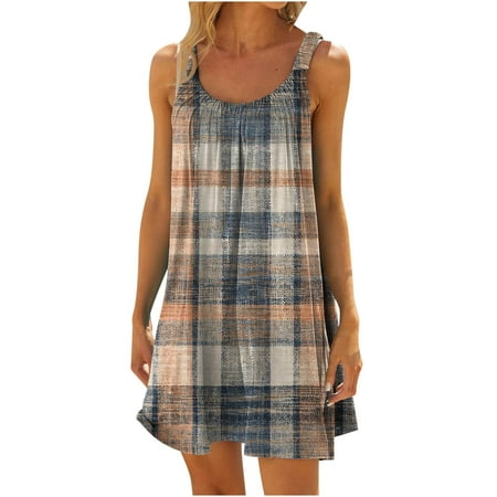 

YanHoo Women s Stripe Printed Summer Tank Dress Sleeveless Round-neck Tunic Dress Casual Loose Short Dress